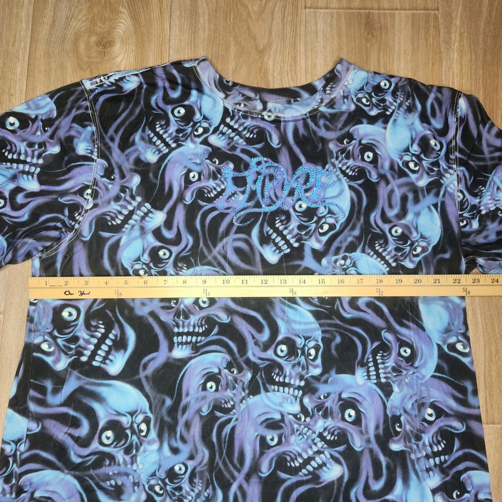 Empyre Mens XL Boxy Blue Purple Flaming Skull All Over Print Rhinestone T-Shirt - Picture 5 of 6